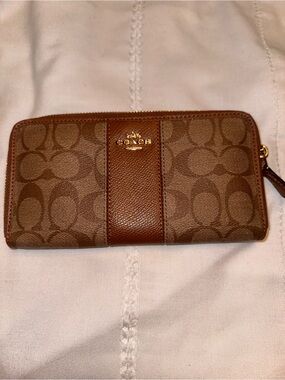 Coach Brown Signature Zip-Around Wallet with Leather Trim